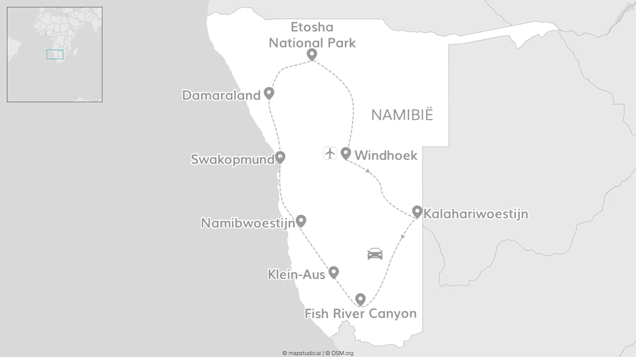 Namibië roadtrip: van Etosha-safari naar de woestijn